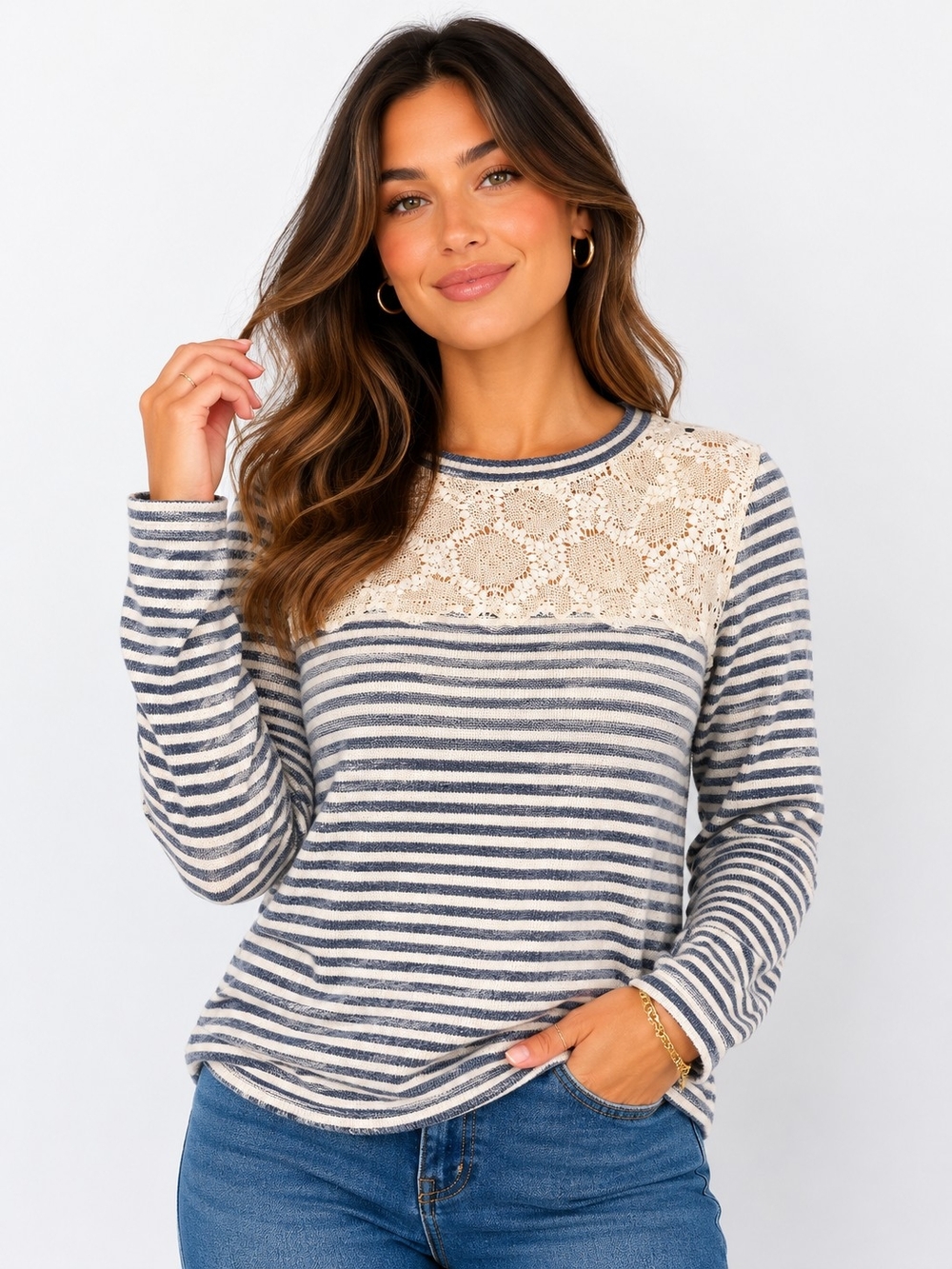 Striped Long Sleeve Lace Yoke Top - Navy & Cream